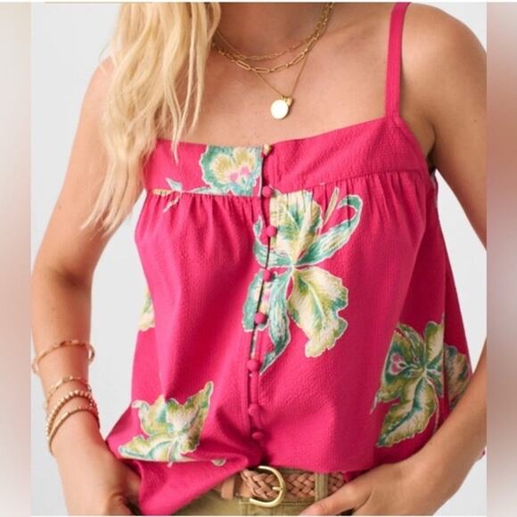 Faherty Tops - Faherty Marina Seersucker Cami Tank Pink Floral Button Front Tropical Size M